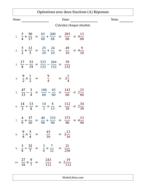 Opérations avec fractions propres et impropres avec dénominateurs différents, résultats sous fractions mixtes et sans simplification (A) page 2