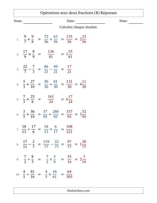 Opérations avec fractions propres et impropres avec dénominateurs différents, résultats sous fractions mixtes et sans simplification (B) page 2