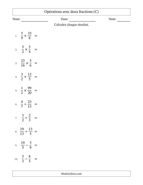 Opérations avec fractions propres et impropres avec dénominateurs différents, résultats sous fractions mixtes et sans simplification (C)
