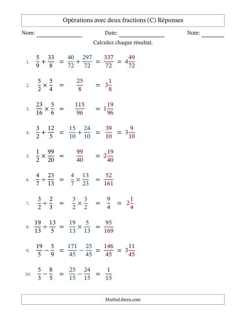 Opérations avec fractions propres et impropres avec dénominateurs différents, résultats sous fractions mixtes et sans simplification (C) page 2