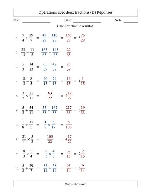 Opérations avec fractions propres et impropres avec dénominateurs différents, résultats sous fractions mixtes et sans simplification (D) page 2