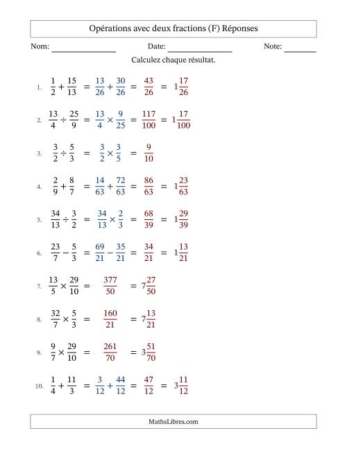 Opérations avec fractions propres et impropres avec dénominateurs différents, résultats sous fractions mixtes et sans simplification (F) page 2
