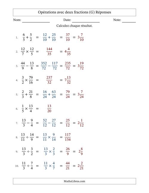 Opérations avec fractions propres et impropres avec dénominateurs différents, résultats sous fractions mixtes et sans simplification (G) page 2