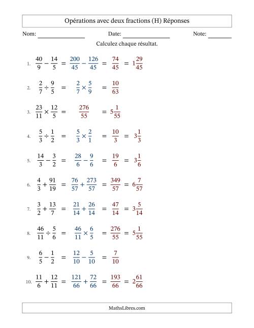 Opérations avec fractions propres et impropres avec dénominateurs différents, résultats sous fractions mixtes et sans simplification (H) page 2