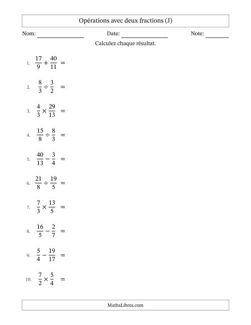 Opérations avec fractions propres et impropres avec dénominateurs différents, résultats sous fractions mixtes et sans simplification (J)