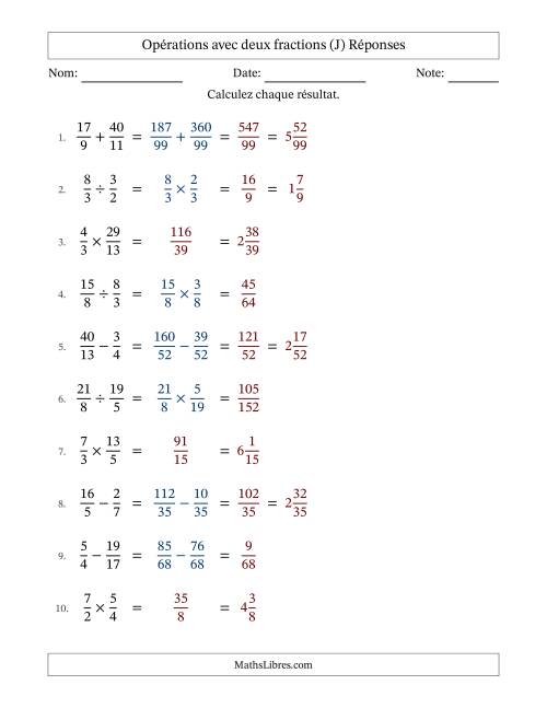 Opérations avec fractions propres et impropres avec dénominateurs différents, résultats sous fractions mixtes et sans simplification (J) page 2