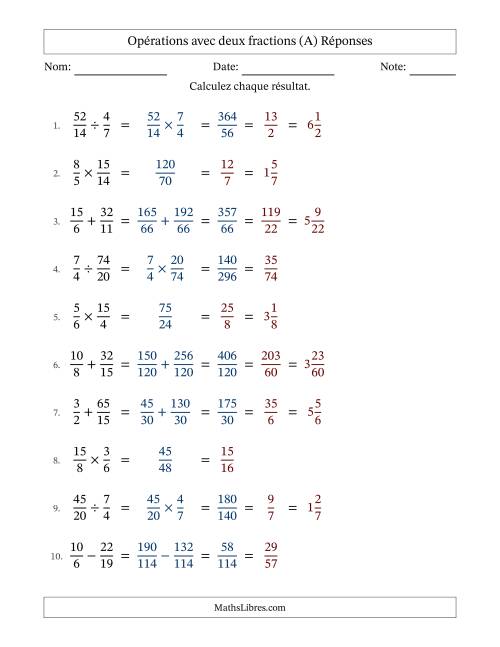 Opérations avec fractions propres et impropres avec dénominateurs différents, résultats sous fractions mixtes et simplification dans tous les problèmes (A) page 2