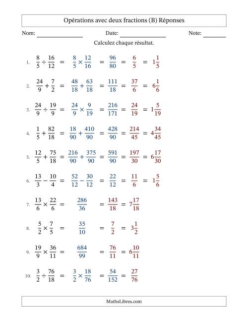 Opérations avec fractions propres et impropres avec dénominateurs différents, résultats sous fractions mixtes et simplification dans tous les problèmes (B) page 2