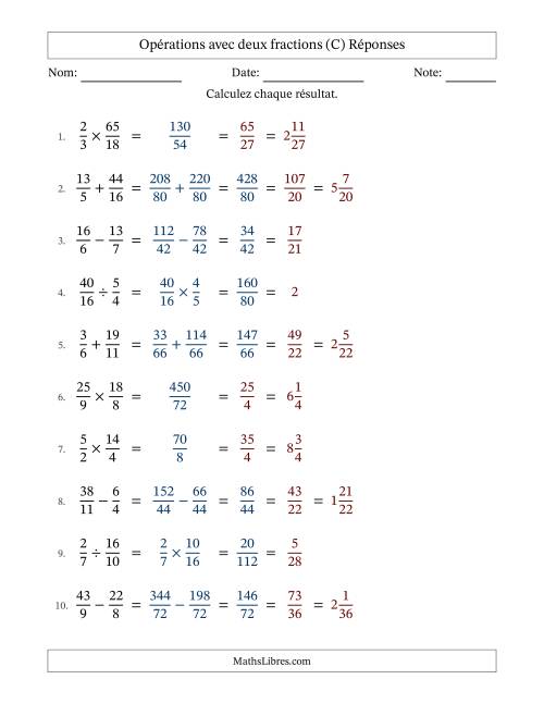 Opérations avec fractions propres et impropres avec dénominateurs différents, résultats sous fractions mixtes et simplification dans tous les problèmes (C) page 2