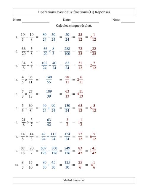 Opérations avec fractions propres et impropres avec dénominateurs différents, résultats sous fractions mixtes et simplification dans tous les problèmes (D) page 2