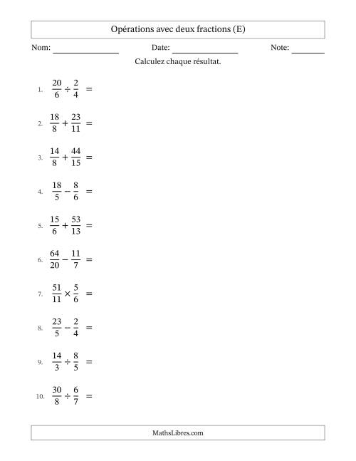 Opérations avec fractions propres et impropres avec dénominateurs différents, résultats sous fractions mixtes et simplification dans tous les problèmes (E)