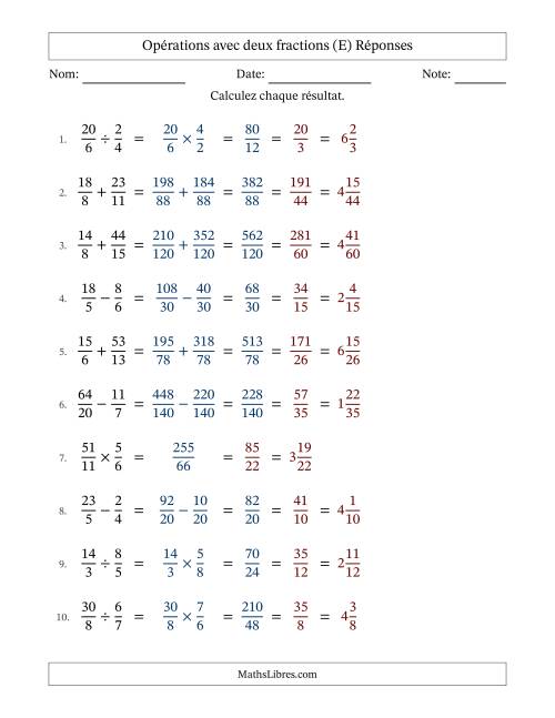 Opérations avec fractions propres et impropres avec dénominateurs différents, résultats sous fractions mixtes et simplification dans tous les problèmes (E) page 2