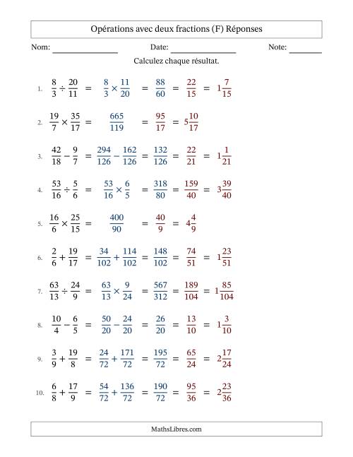 Opérations avec fractions propres et impropres avec dénominateurs différents, résultats sous fractions mixtes et simplification dans tous les problèmes (F) page 2