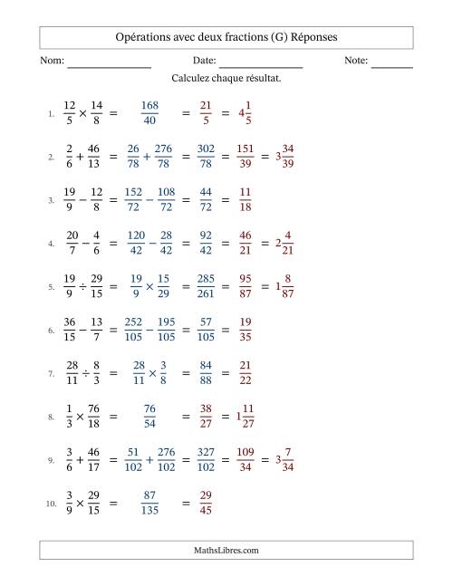 Opérations avec fractions propres et impropres avec dénominateurs différents, résultats sous fractions mixtes et simplification dans tous les problèmes (G) page 2