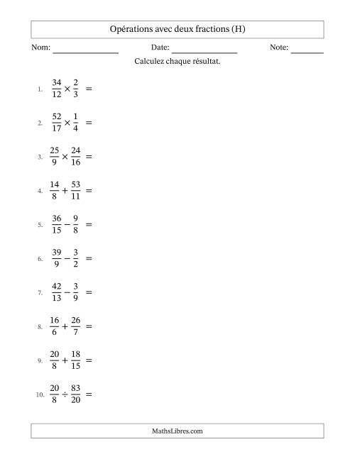 Opérations avec fractions propres et impropres avec dénominateurs différents, résultats sous fractions mixtes et simplification dans tous les problèmes (H)