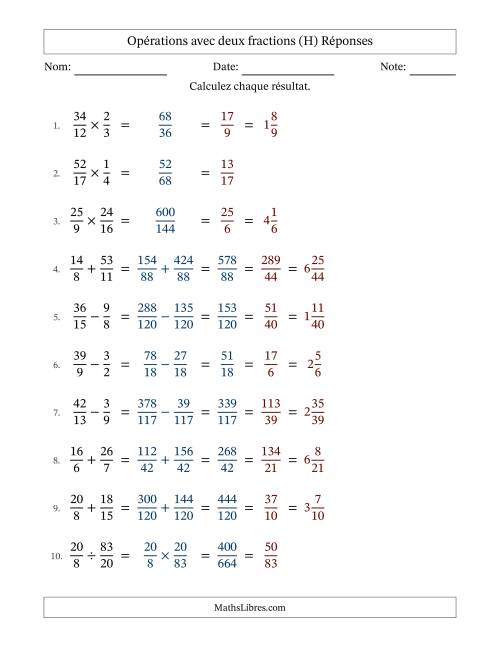 Opérations avec fractions propres et impropres avec dénominateurs différents, résultats sous fractions mixtes et simplification dans tous les problèmes (H) page 2
