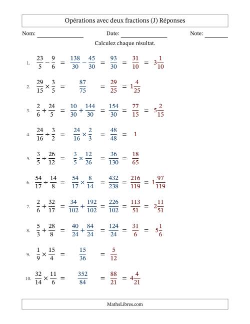 Opérations avec fractions propres et impropres avec dénominateurs différents, résultats sous fractions mixtes et simplification dans tous les problèmes (J) page 2