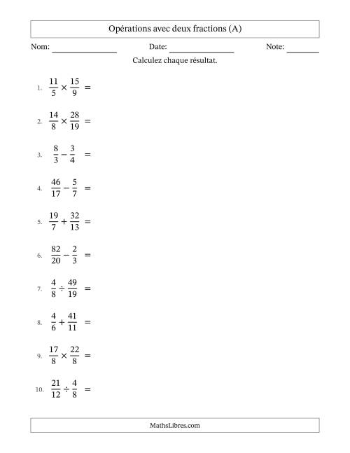 Opérations avec fractions propres et impropres avec dénominateurs différents, résultats sous fractions mixtes et quelque simplification (A)