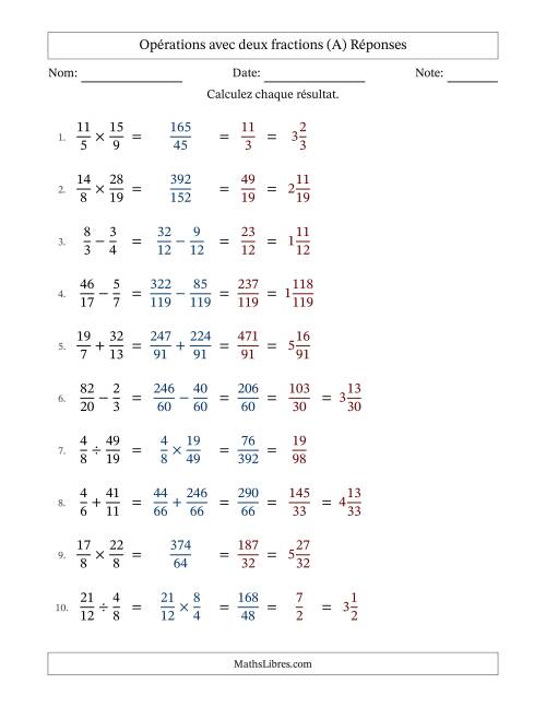 Opérations avec fractions propres et impropres avec dénominateurs différents, résultats sous fractions mixtes et quelque simplification (A) page 2