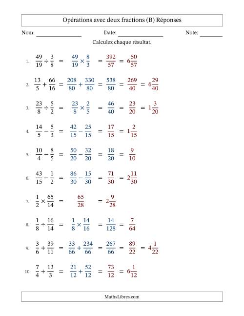 Opérations avec fractions propres et impropres avec dénominateurs différents, résultats sous fractions mixtes et quelque simplification (B) page 2