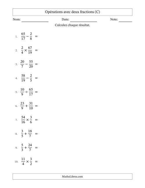 Opérations avec fractions propres et impropres avec dénominateurs différents, résultats sous fractions mixtes et quelque simplification (C)