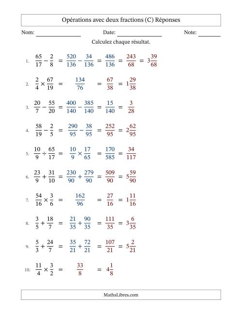 Opérations avec fractions propres et impropres avec dénominateurs différents, résultats sous fractions mixtes et quelque simplification (C) page 2