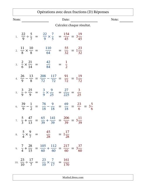 Opérations avec fractions propres et impropres avec dénominateurs différents, résultats sous fractions mixtes et quelque simplification (D) page 2