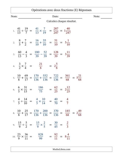 Opérations avec fractions propres et impropres avec dénominateurs différents, résultats sous fractions mixtes et quelque simplification (E) page 2