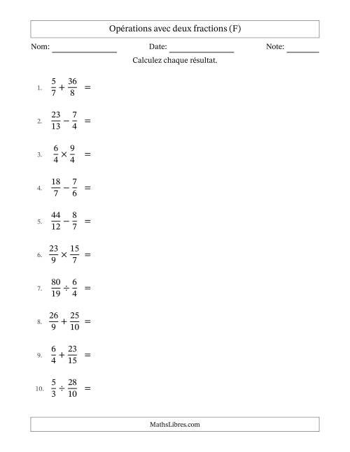 Opérations avec fractions propres et impropres avec dénominateurs différents, résultats sous fractions mixtes et quelque simplification (F)