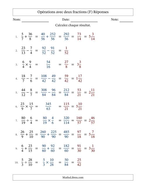 Opérations avec fractions propres et impropres avec dénominateurs différents, résultats sous fractions mixtes et quelque simplification (F) page 2