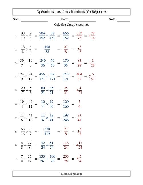 Opérations avec fractions propres et impropres avec dénominateurs différents, résultats sous fractions mixtes et quelque simplification (G) page 2