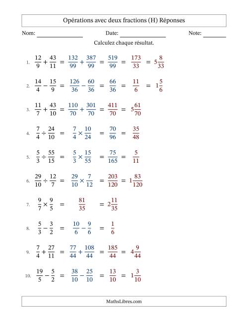 Opérations avec fractions propres et impropres avec dénominateurs différents, résultats sous fractions mixtes et quelque simplification (H) page 2