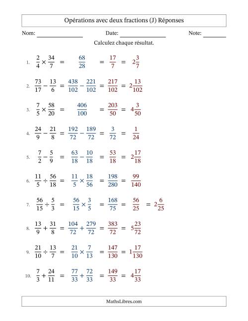 Opérations avec fractions propres et impropres avec dénominateurs différents, résultats sous fractions mixtes et quelque simplification (J) page 2