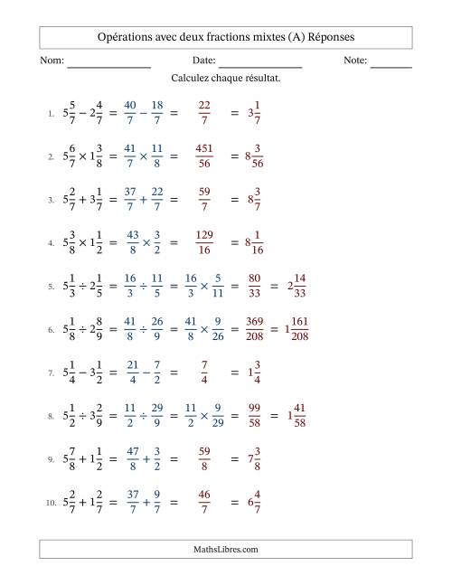 Opérations avec deux fractions mixtes avec dénominateurs égals, résultats sous fractions mixtes et sans simplification (A) page 2