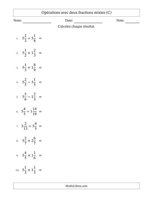 Opérations avec deux fractions mixtes avec dénominateurs égals, résultats sous fractions mixtes et sans simplification (C)