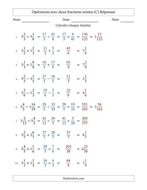 Opérations avec deux fractions mixtes avec dénominateurs égals, résultats sous fractions mixtes et sans simplification (C) page 2