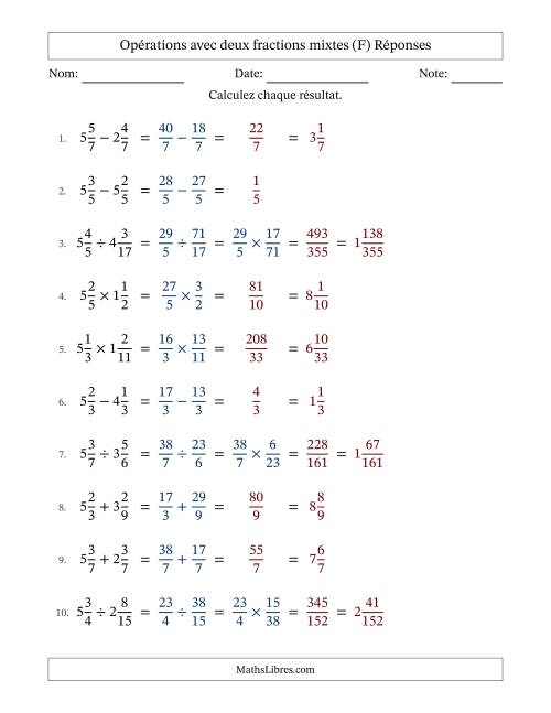 Opérations avec deux fractions mixtes avec dénominateurs égals, résultats sous fractions mixtes et sans simplification (F) page 2