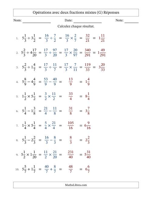 Opérations avec deux fractions mixtes avec dénominateurs égals, résultats sous fractions mixtes et sans simplification (G) page 2