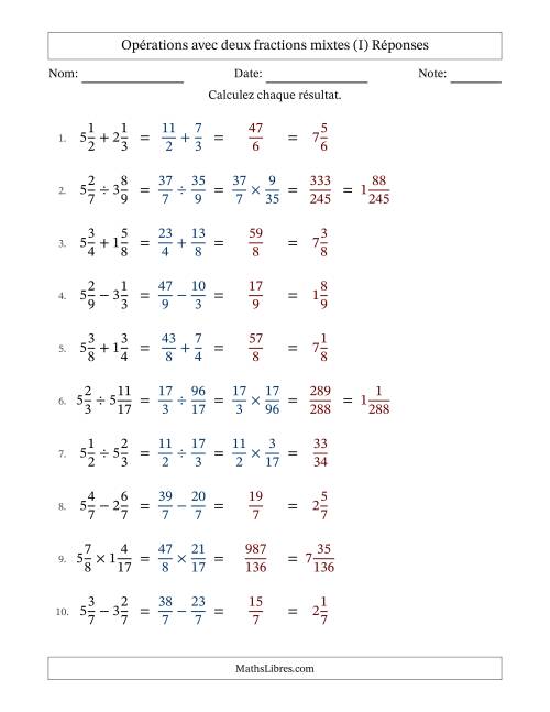 Opérations avec deux fractions mixtes avec dénominateurs égals, résultats sous fractions mixtes et sans simplification (I) page 2