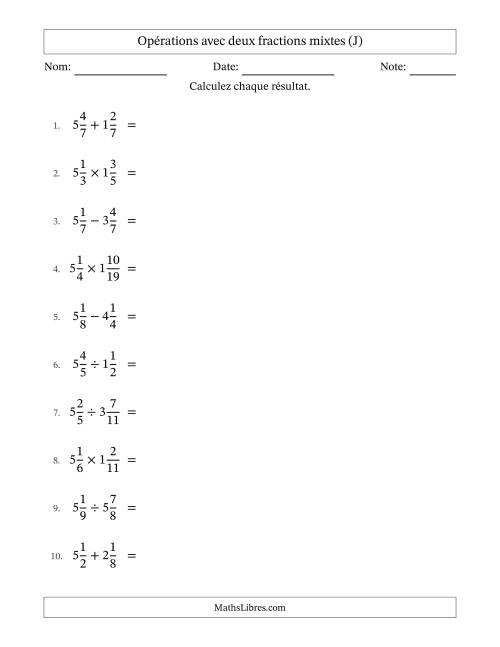 Opérations avec deux fractions mixtes avec dénominateurs égals, résultats sous fractions mixtes et sans simplification (J)