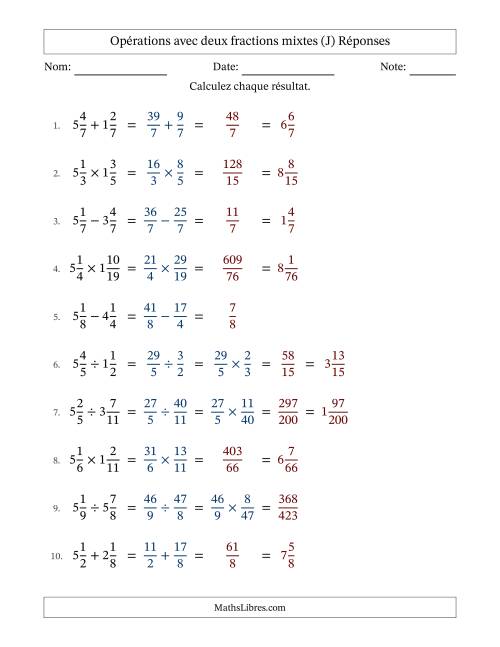 Opérations avec deux fractions mixtes avec dénominateurs égals, résultats sous fractions mixtes et sans simplification (J) page 2