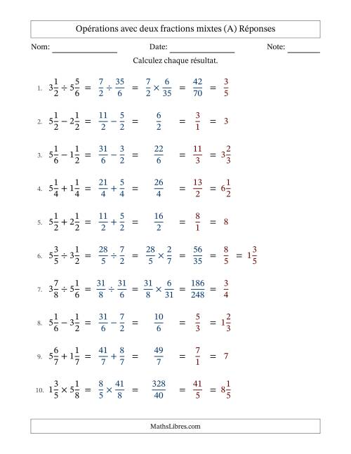 Opérations avec deux fractions mixtes avec dénominateurs égals, résultats sous fractions mixtes et simplification dans tous les problèmes (A) page 2