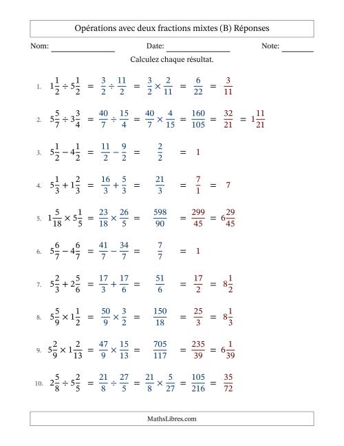 Opérations avec deux fractions mixtes avec dénominateurs égals, résultats sous fractions mixtes et simplification dans tous les problèmes (B) page 2