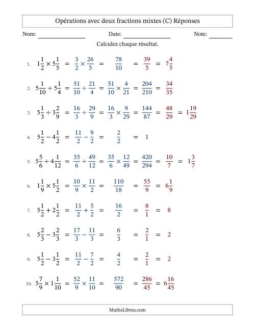 Opérations avec deux fractions mixtes avec dénominateurs égals, résultats sous fractions mixtes et simplification dans tous les problèmes (C) page 2