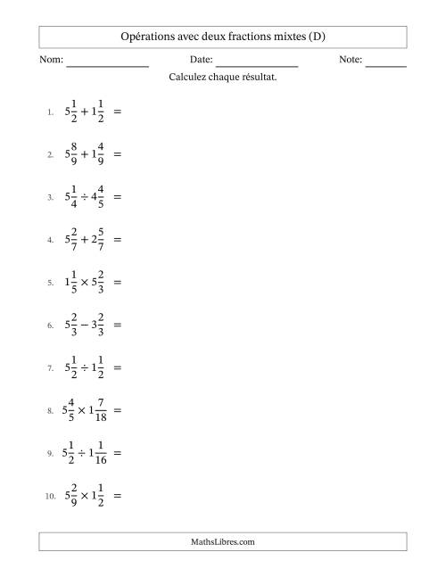 Opérations avec deux fractions mixtes avec dénominateurs égals, résultats sous fractions mixtes et simplification dans tous les problèmes (D)