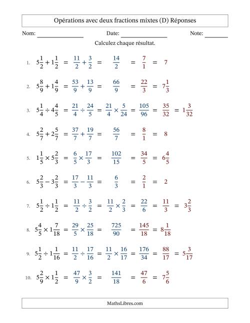 Opérations avec deux fractions mixtes avec dénominateurs égals, résultats sous fractions mixtes et simplification dans tous les problèmes (D) page 2
