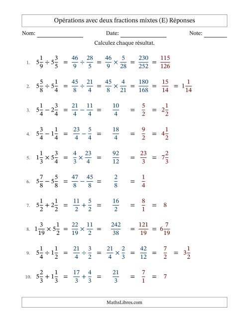 Opérations avec deux fractions mixtes avec dénominateurs égals, résultats sous fractions mixtes et simplification dans tous les problèmes (E) page 2
