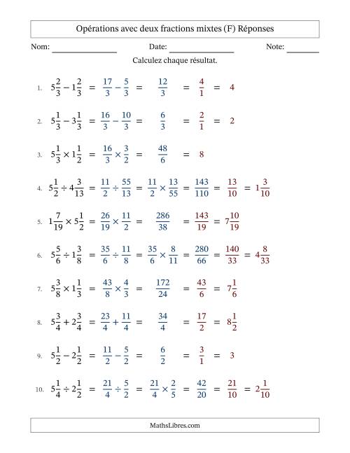 Opérations avec deux fractions mixtes avec dénominateurs égals, résultats sous fractions mixtes et simplification dans tous les problèmes (F) page 2