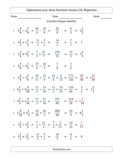 Opérations avec deux fractions mixtes avec dénominateurs égals, résultats sous fractions mixtes et simplification dans tous les problèmes (H) page 2