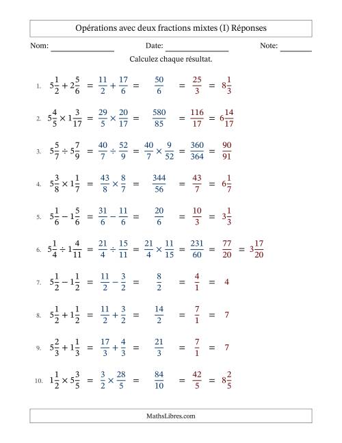 Opérations avec deux fractions mixtes avec dénominateurs égals, résultats sous fractions mixtes et simplification dans tous les problèmes (I) page 2